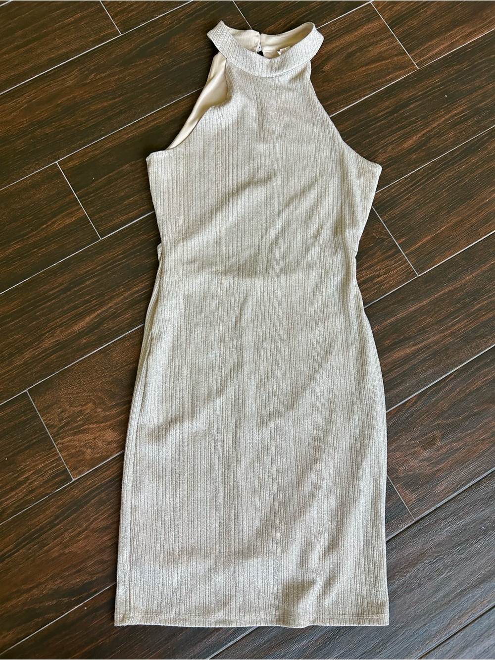 Sleeveless High-Neck Gold Ribbed Bodycon Mini Dress w/ Peek-a-boo Back